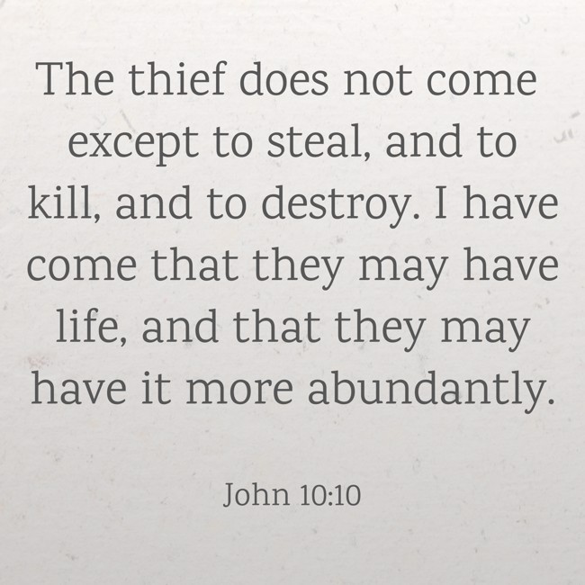  The thief does not come except to steal, and to kill, and to destroy. I have come that they may have life, and that they may have it more abundantly.   - John 10:10 