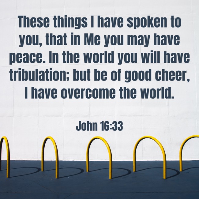 These things I have spoken to you, that in Me you may have peace. In the world you will have tribulation; but be of good cheer, I have overcome the world. - John 16:33