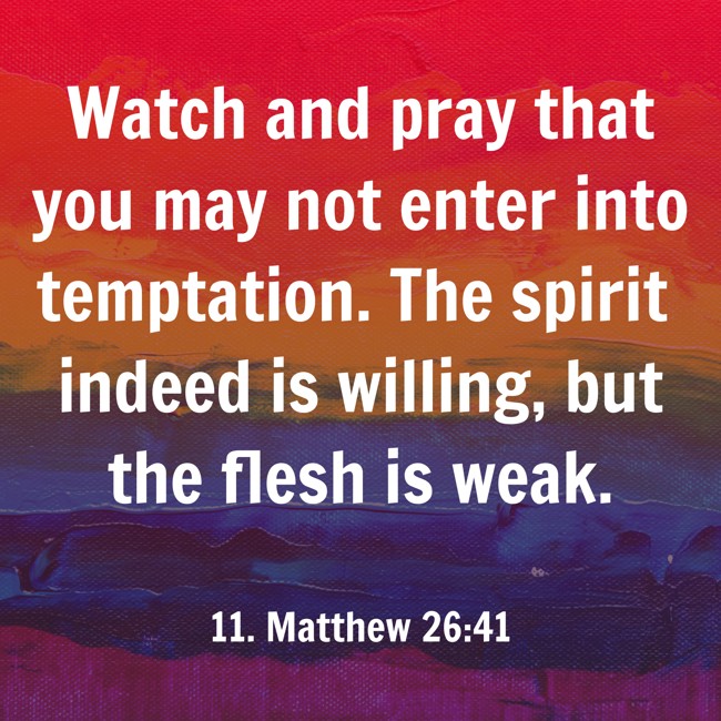 Watch and pray that you may not enter into temptation. The spirit indeed is willing, but the flesh is weak. - 11. Matthew 26:41