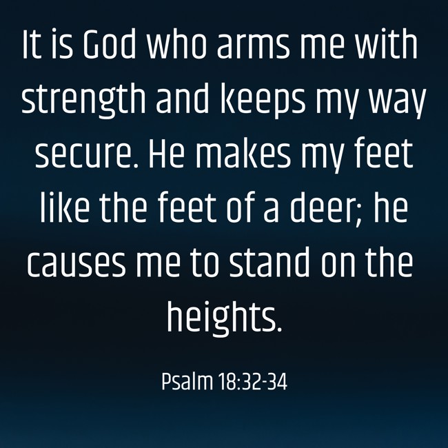It is God who arms me with strength and keeps my way secure. He makes my feet like the feet of a deer; he causes me to stand on the heights. - Psalm 18:32-34