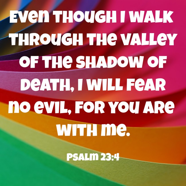 Even though I walk through the valley of the shadow of death, I will fear no evil, for you are with me. - Psalm 23:4