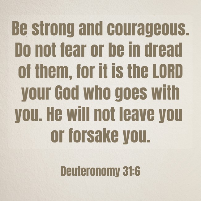 Be strong and courageous. Do not fear or be in dread of them, for it is the LORD your God who goes with you. He will not leave you or forsake you. - Deuteronomy 31:6