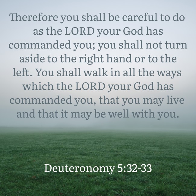 Therefore you shall be careful to do as the LORD your God has commanded you; you shall not turn aside to the right hand or to the left. You shall walk in all the ways which the LORD your God has commanded you, that you may live and that it may be well with you. - Deuteronomy 5:32-33