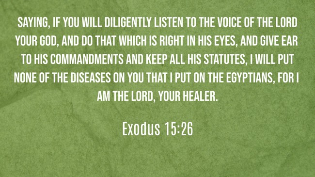  Saying, If you will diligently listen to the voice of the LORD your God, and do that which is right in his eyes, and give ear to his commandments and keep all his statutes, I will put none of the diseases on you that I put on the Egyptians, for I am the LORD, your healer.   - Exodus 15:26 