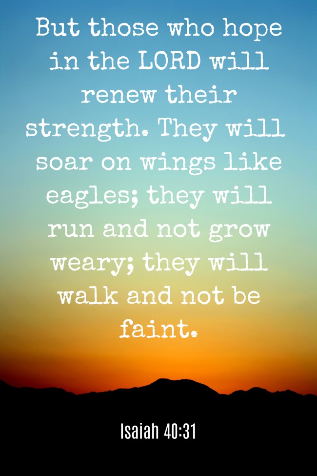  But those who hope in the LORD will renew their strength. They will soar on wings like eagles; they will run and not grow weary; they will walk and not be faint.   - Isaiah 40:31 