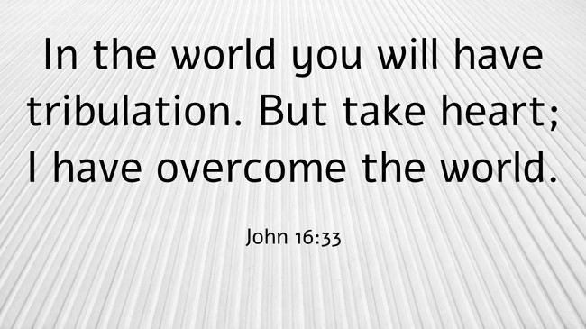  In the world you will have tribulation. But take heart; I have overcome the world.   - John 16:33 