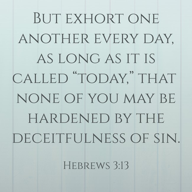  But exhort one another every day, as long as it is called “today,” that none of you may be hardened by the deceitfulness of sin.   - Hebrews 3:13 