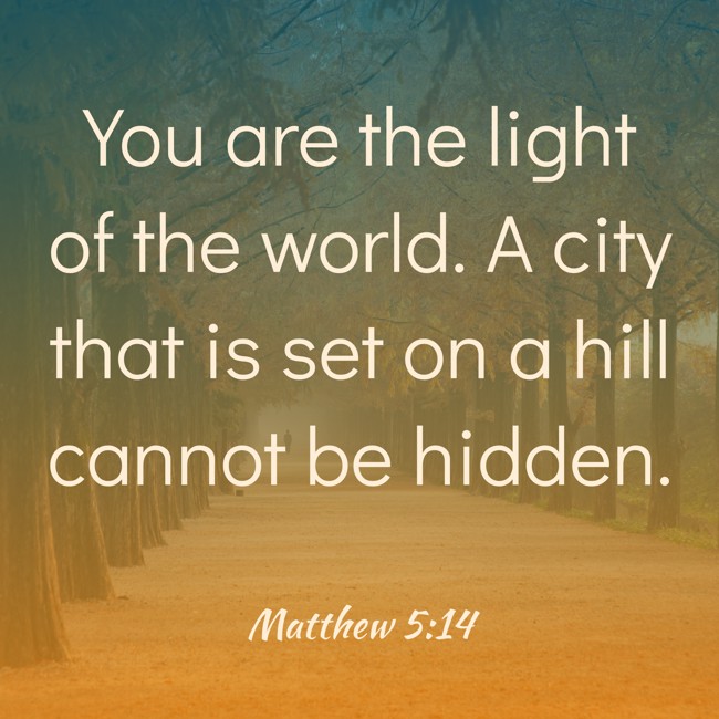  You are the light of the world. A city that is set on a hill cannot be hidden.   - Matthew 5:14 
