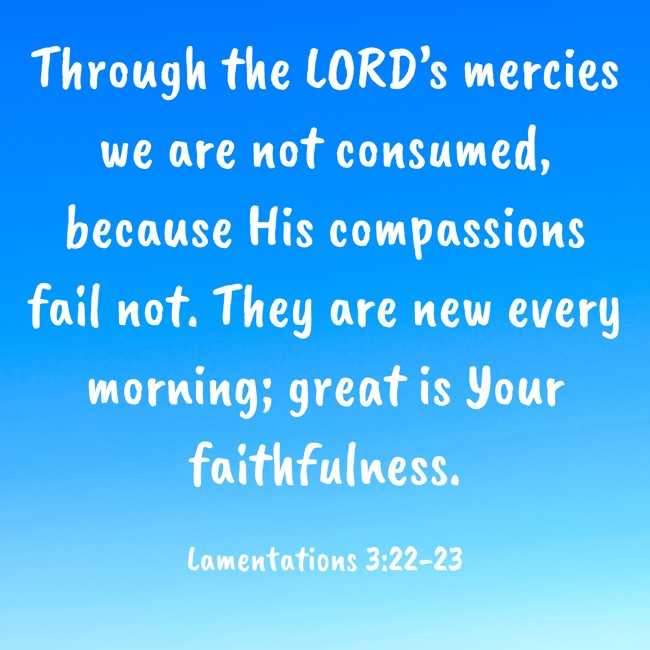 Through the LORD’s mercies we are not consumed, because His compassions fail not. They are new every morning; great is Your faithfulness. - Lamentations 3:22-23