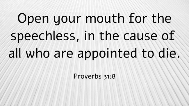 Open your mouth for the speechless, in the cause of all who are appointed to die. - Proverbs 31:8