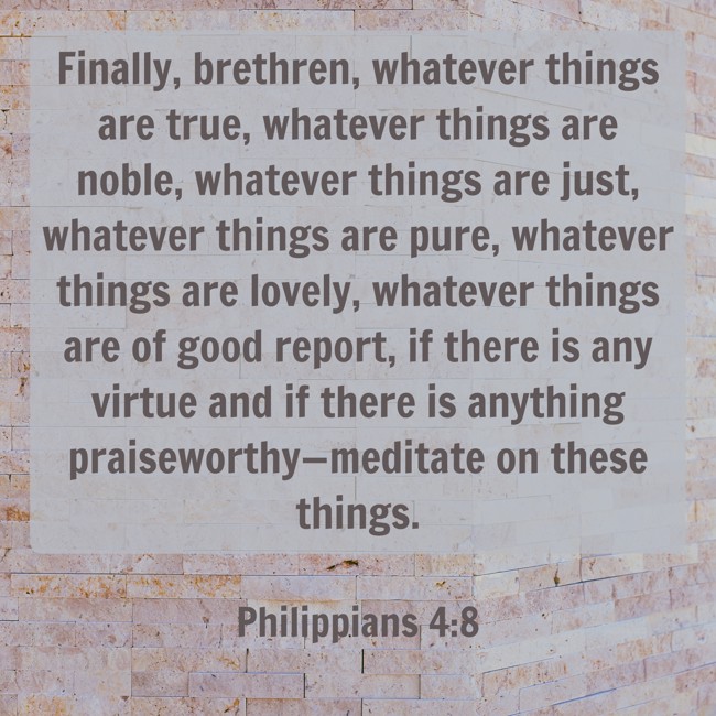 Finally, brethren, whatever things are true, whatever things are noble, whatever things are just, whatever things are pure, whatever things are lovely, whatever things are of good report, if there is any virtue and if there is anything praiseworthy—meditate on these things. - Philippians 4:8