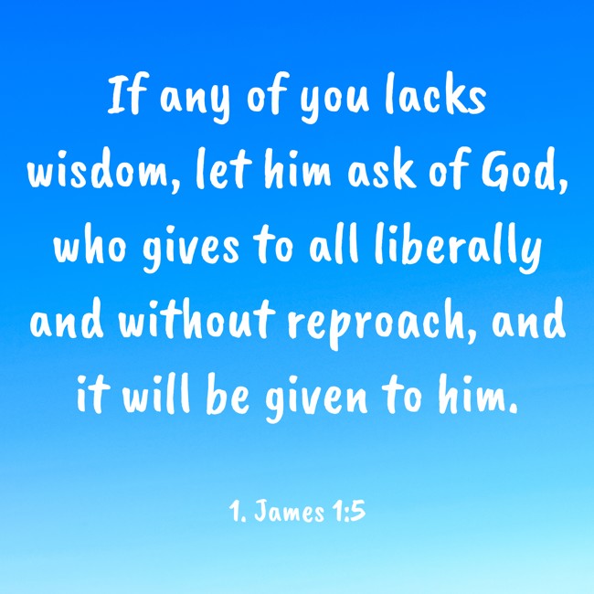 If any of you lacks wisdom, let him ask of God, who gives to all liberally and without reproach, and it will be given to him. - 1. James 1:5
