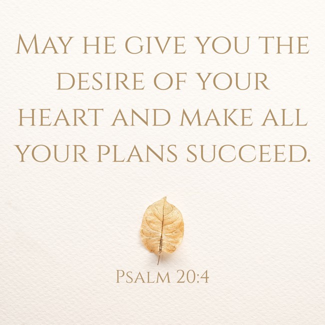 May he give you the desire of your heart and make all your plans succeed. - Psalm 20:4