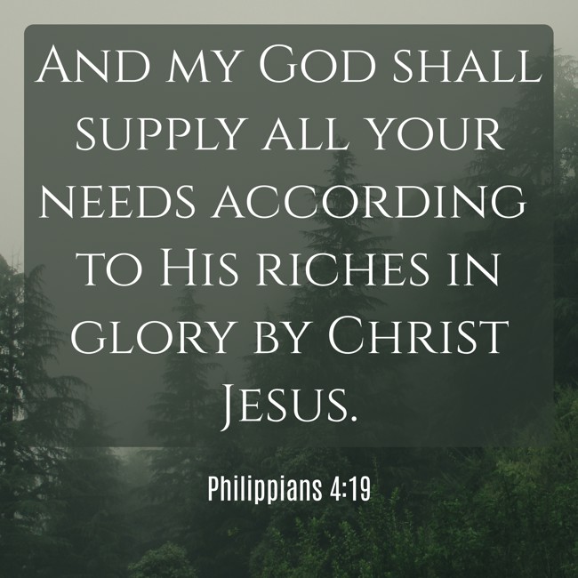 And my God shall supply all your needs according to His riches in glory by Christ Jesus. - Philippians 4:19