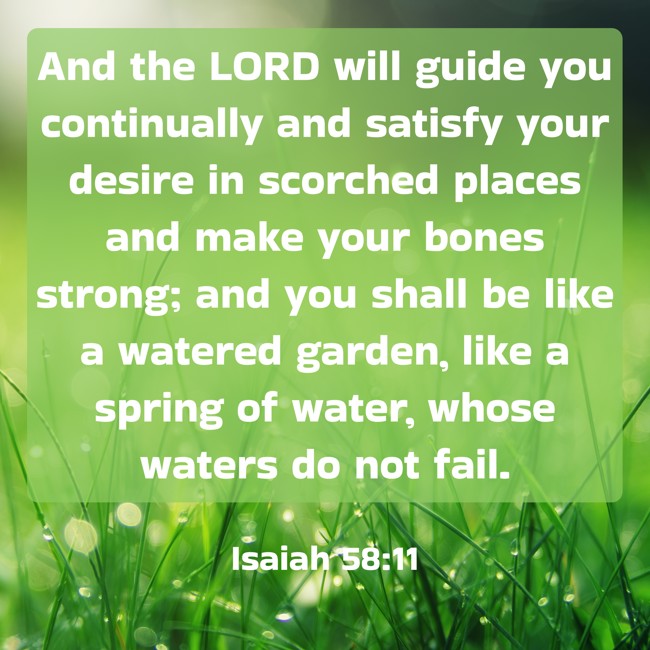 And the LORD will guide you continually and satisfy your desire in scorched places and make your bones strong; and you shall be like a watered garden, like a spring of water, whose waters do not fail. - Isaiah 58:11