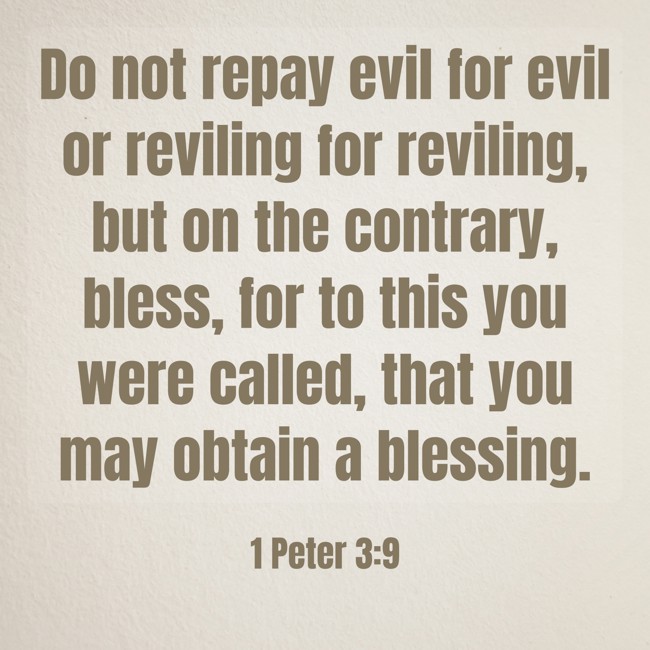 Do not repay evil for evil or reviling for reviling, but on the contrary, bless, for to this you were called, that you may obtain a blessing. - 1 Peter 3:9