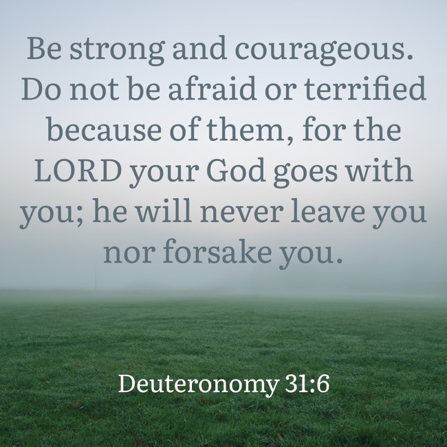  Be strong and courageous. Do not be afraid or terrified because of them, for the LORD your God goes with you; he will never leave you nor forsake you.   - Deuteronomy 31:6 