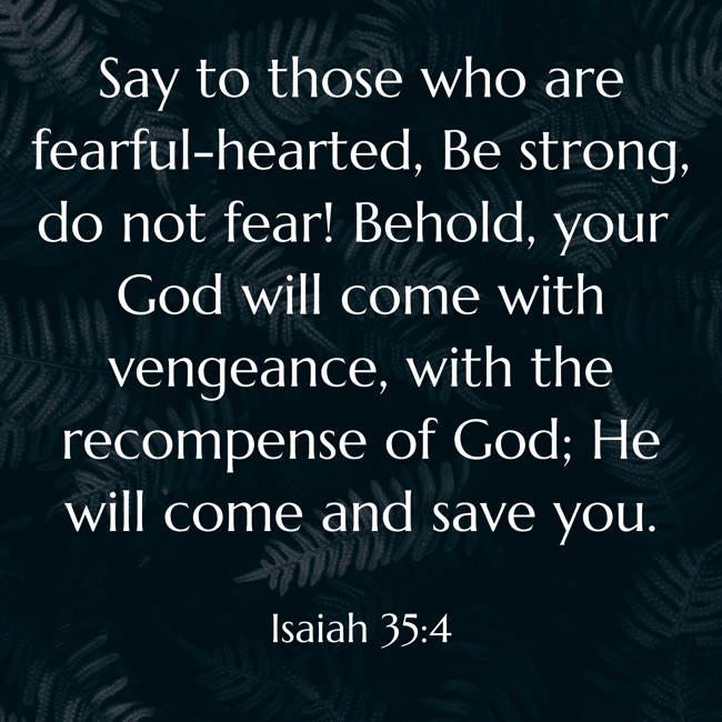 Say to those who are fearful-hearted, Be strong, do not fear! Behold, your God will come with vengeance, with the recompense of God; He will come and save you. - Isaiah 35:4