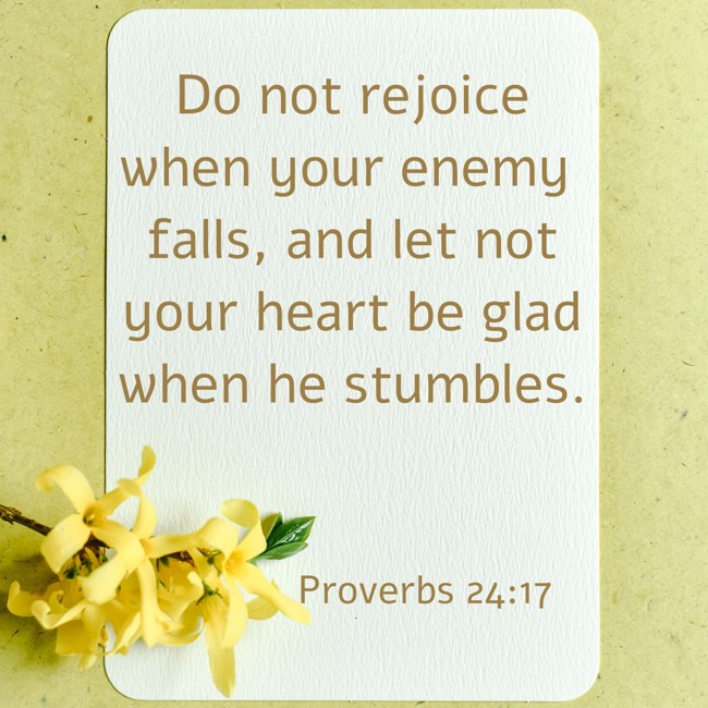 Do not rejoice when your enemy falls, and let not your heart be glad when he stumbles. - Proverbs 24:17