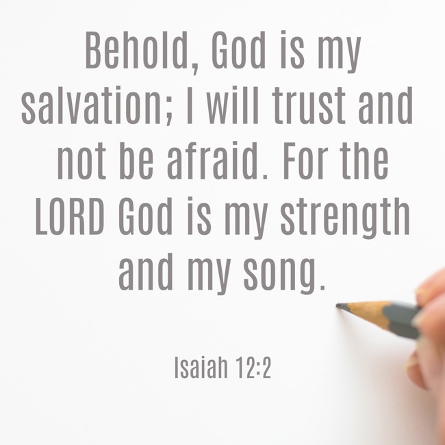  Behold, God is my salvation; I will trust and not be afraid. For the LORD God is my strength and my song.   - Isaiah 12:2 