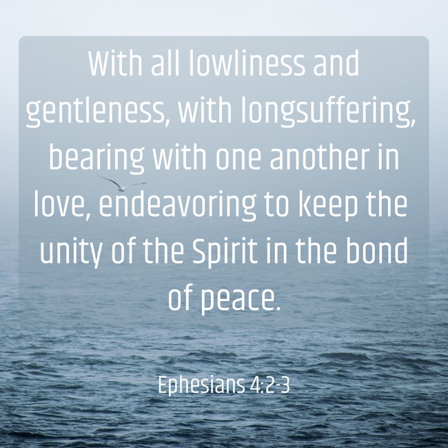 With all lowliness and gentleness, with longsuffering, bearing with one another in love, endeavoring to keep the unity of the Spirit in the bond of peace. - Ephesians 4:2-3