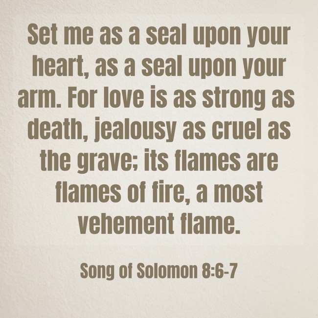 Set me as a seal upon your heart, as a seal upon your arm. For love is as strong as death, jealousy as cruel as the grave; its flames are flames of fire, a most vehement flame. - Song of Solomon 8:6-7