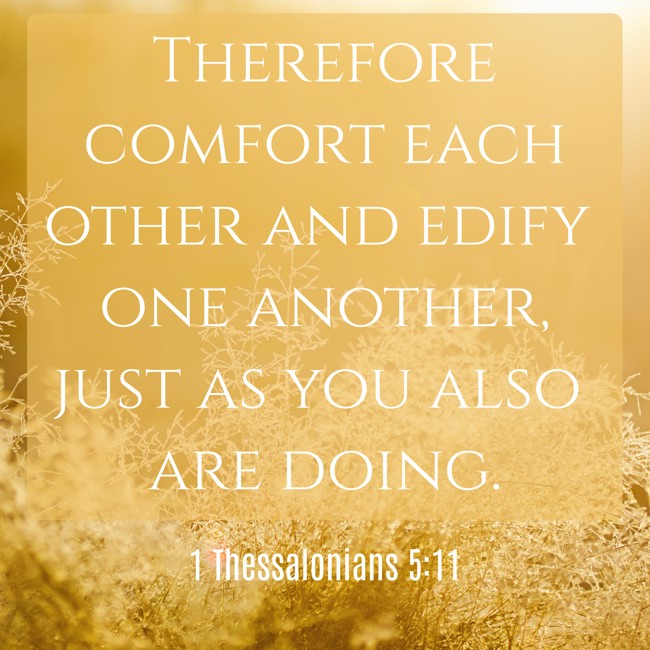 Therefore comfort each other and edify one another, just as you also are doing. - 1 Thessalonians 5:11
