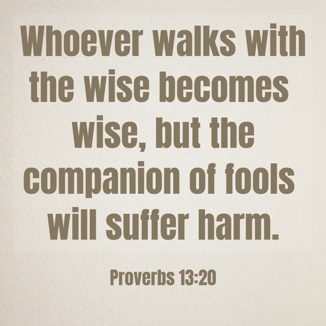Whoever walks with the wise becomes wise, but the companion of fools will suffer harm. - Proverbs 13:20