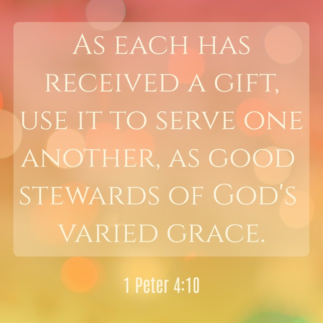 As each has received a gift, use it to serve one another, as good stewards of God's varied grace. - 1 Peter 4:10
