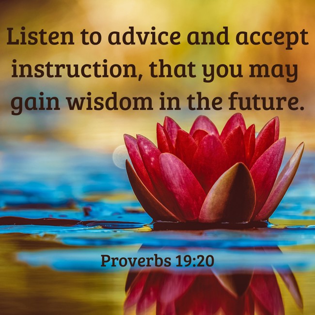 Listen to advice and accept instruction, that you may gain wisdom in the future. - Proverbs 19:20
