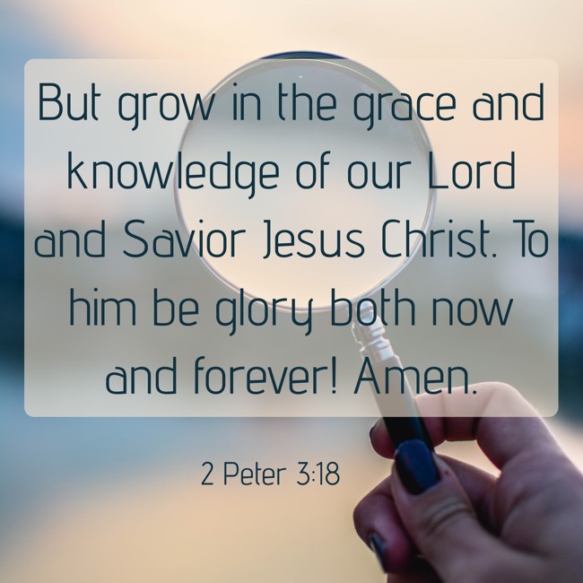 But grow in the grace and knowledge of our Lord and Savior Jesus Christ. To him be glory both now and forever! Amen. - 2 Peter 3:18