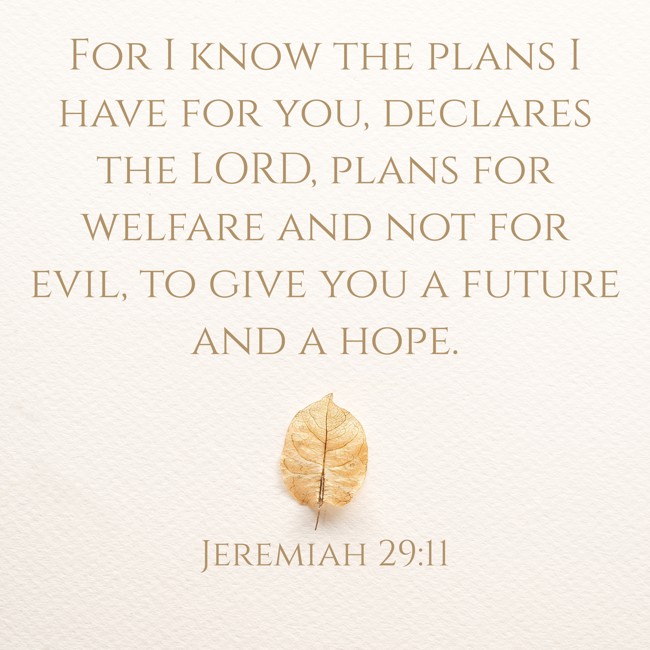 For I know the plans I have for you, declares the LORD, plans for welfare and not for evil, to give you a future and a hope. - Jeremiah 29:11
