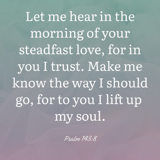  Let me hear in the morning of your steadfast love, for in you I trust. Make me know the way I should go, for to you I lift up my soul.   - Psalm 143:8 