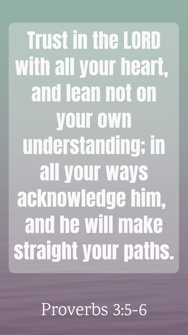  Trust in the LORD with all your heart, and lean not on your own understanding; in all your ways acknowledge him, and he will make straight your paths.   - Proverbs 3:5-6 