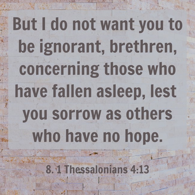 But I do not want you to be ignorant, brethren, concerning those who have fallen asleep, lest you sorrow as others who have no hope. - 8. 1 Thessalonians 4:13