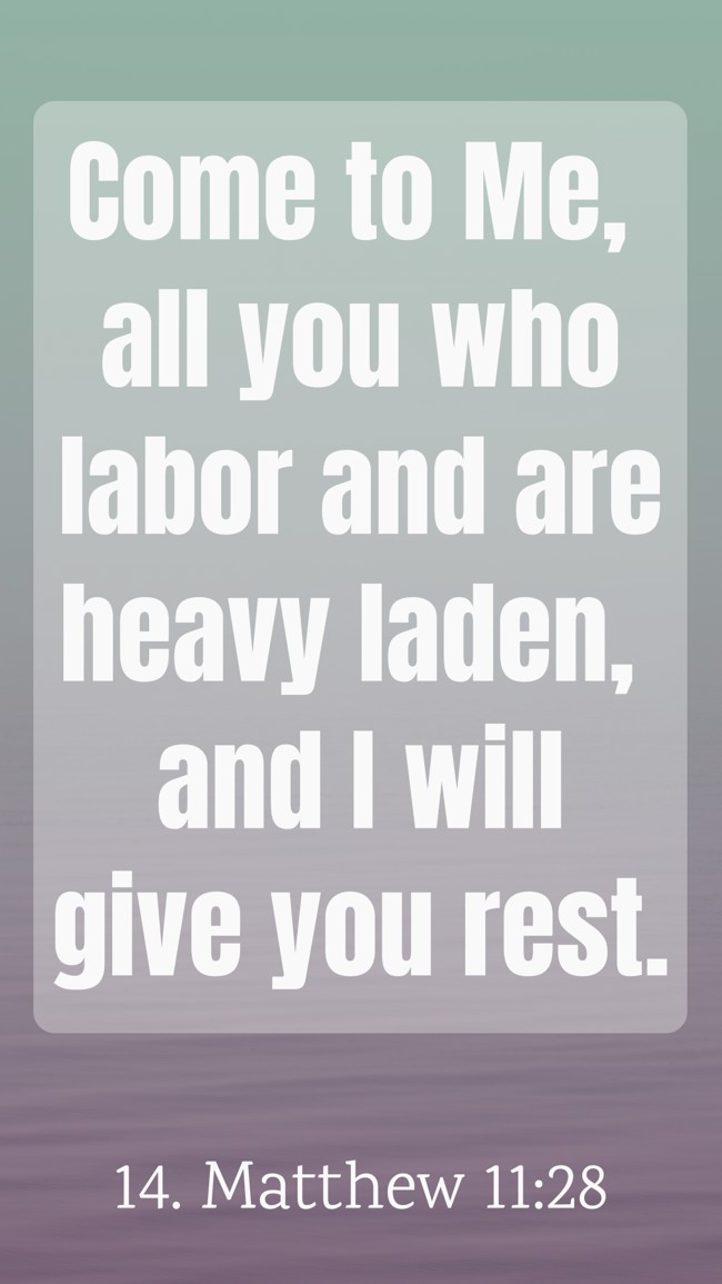 Come to Me, all you who labor and are heavy laden, and I will give you rest. - 14. Matthew 11:28