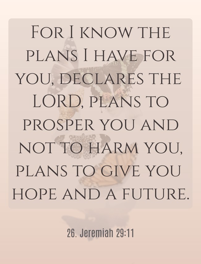 For I know the plans I have for you, declares the LORD, plans to prosper you and not to harm you, plans to give you hope and a future. - 26. Jeremiah 29:11