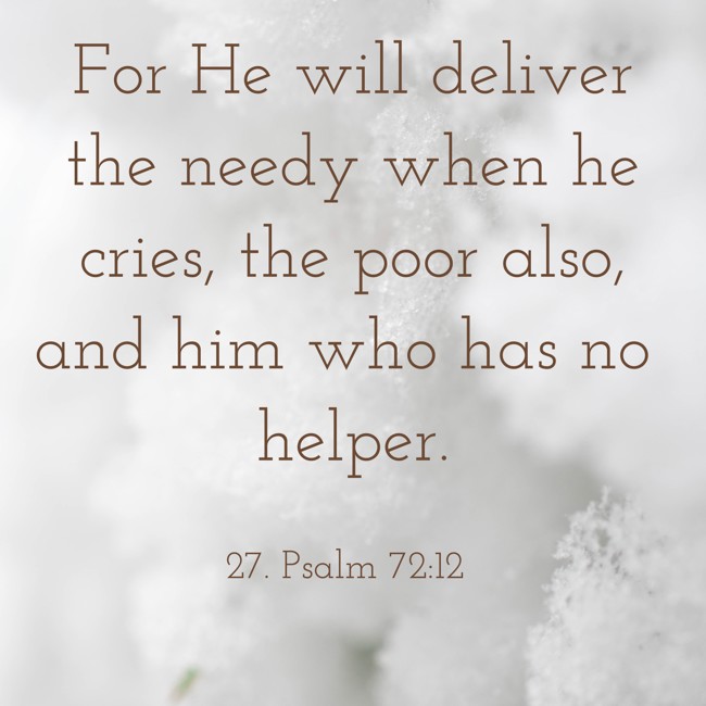 For He will deliver the needy when he cries, the poor also, and him who has no helper. - 27. Psalm 72:12