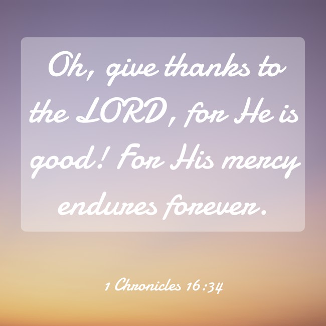 Oh, give thanks to the LORD, for He is good! For His mercy endures forever. - 1 Chronicles 16:34