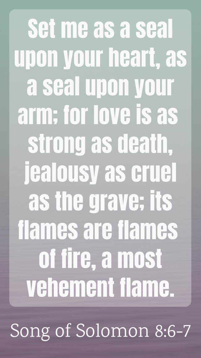  Set me as a seal upon your heart, as a seal upon your arm; for love is as strong as death, jealousy as cruel as the grave; its flames are flames of fire, a most vehement flame.   - Song of Solomon 8:6-7 