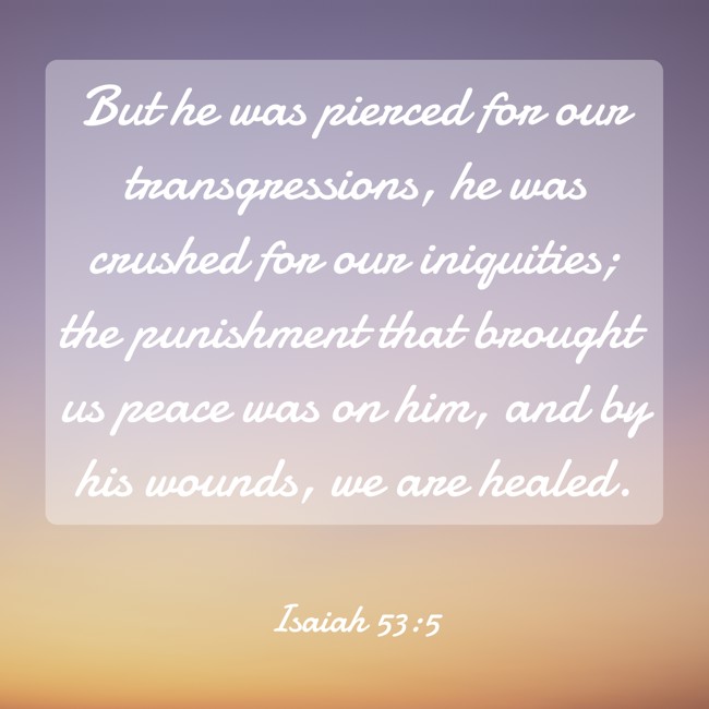 But he was pierced for our transgressions, he was crushed for our iniquities; the punishment that brought us peace was on him, and by his wounds, we are healed. - Isaiah 53:5