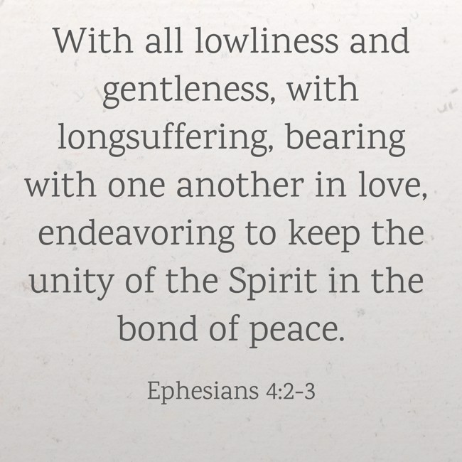  With all lowliness and gentleness, with longsuffering, bearing with one another in love, endeavoring to keep the unity of the Spirit in the bond of peace.   - Ephesians 4:2-3 