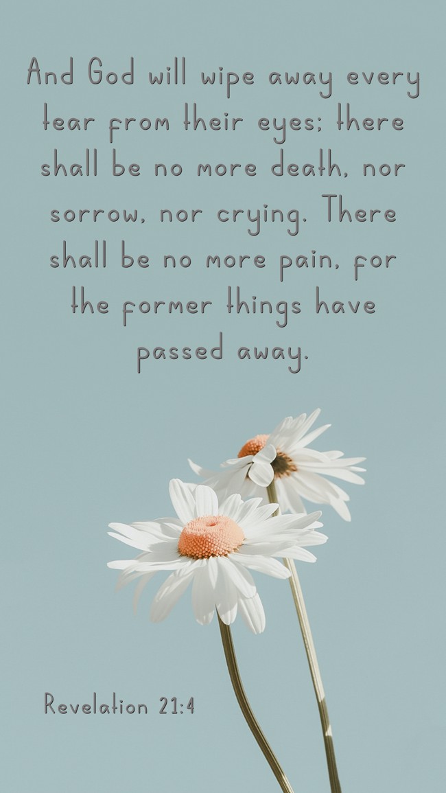 And God will wipe away every tear from their eyes; there shall be no more death, nor sorrow, nor crying. There shall be no more pain, for the former things have passed away. - Revelation 21:4