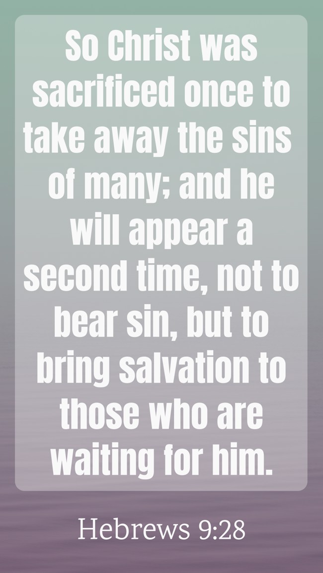 So Christ was sacrificed once to take away the sins of many; and he will appear a second time, not to bear sin, but to bring salvation to those who are waiting for him. - Hebrews 9:28