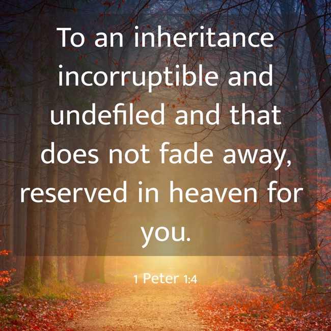 To an inheritance incorruptible and undefiled and that does not fade away, reserved in heaven for you. - 1 Peter 1:4
