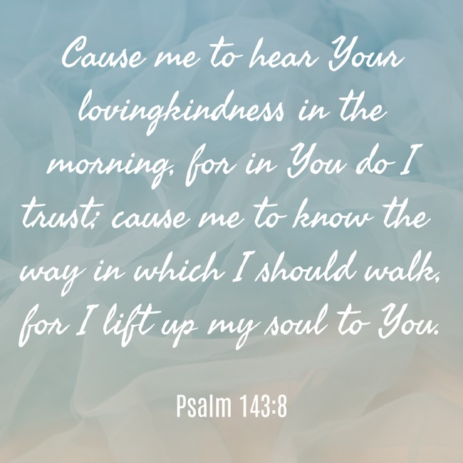  Cause me to hear Your lovingkindness in the morning, for in You do I trust; cause me to know the way in which I should walk, for I lift up my soul to You.   - Psalm 143:8 