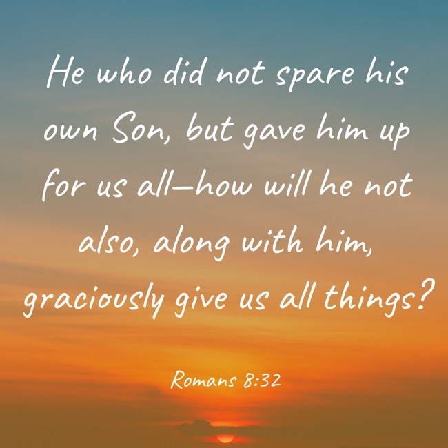 He who did not spare his own Son, but gave him up for us all—how will he not also, along with him, graciously give us all things? - Romans 8:32