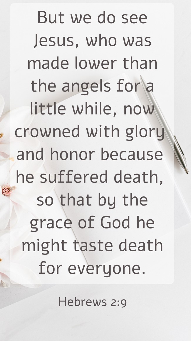 But we do see Jesus, who was made lower than the angels for a little while, now crowned with glory and honor because he suffered death, so that by the grace of God he might taste death for everyone. - Hebrews 2:9