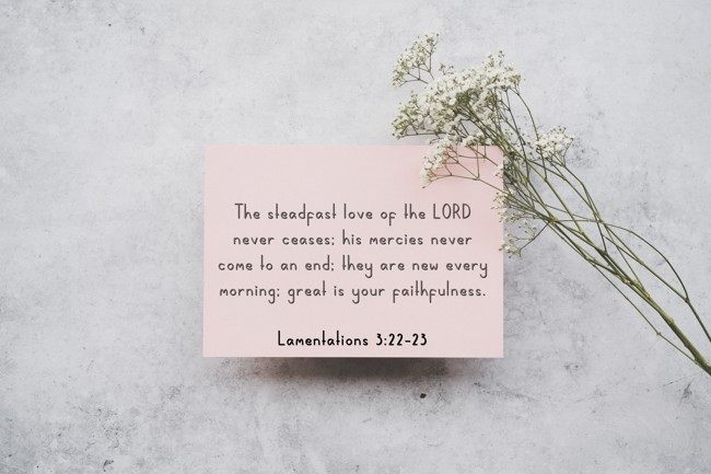 The steadfast love of the LORD never ceases; his mercies never come to an end; they are new every morning; great is your faithfulness. - Lamentations 3:22-23