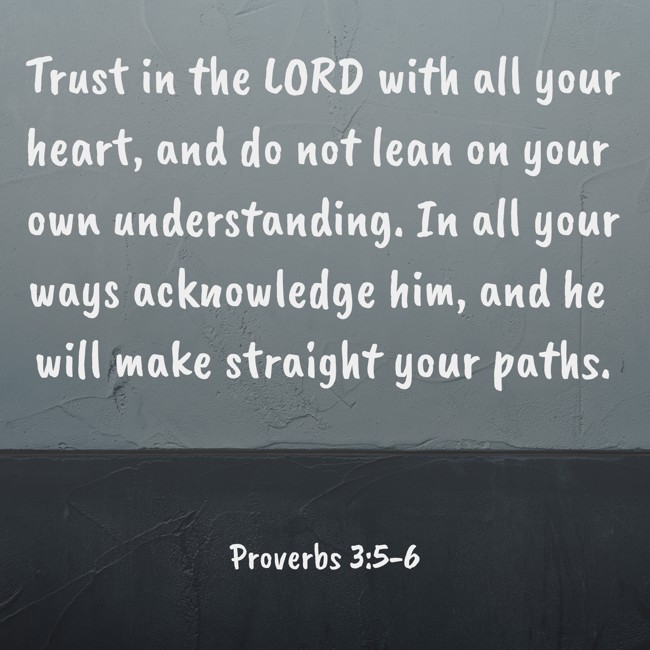 Trust in the LORD with all your heart, and do not lean on your own understanding. In all your ways acknowledge him, and he will make straight your paths. - Proverbs 3:5-6